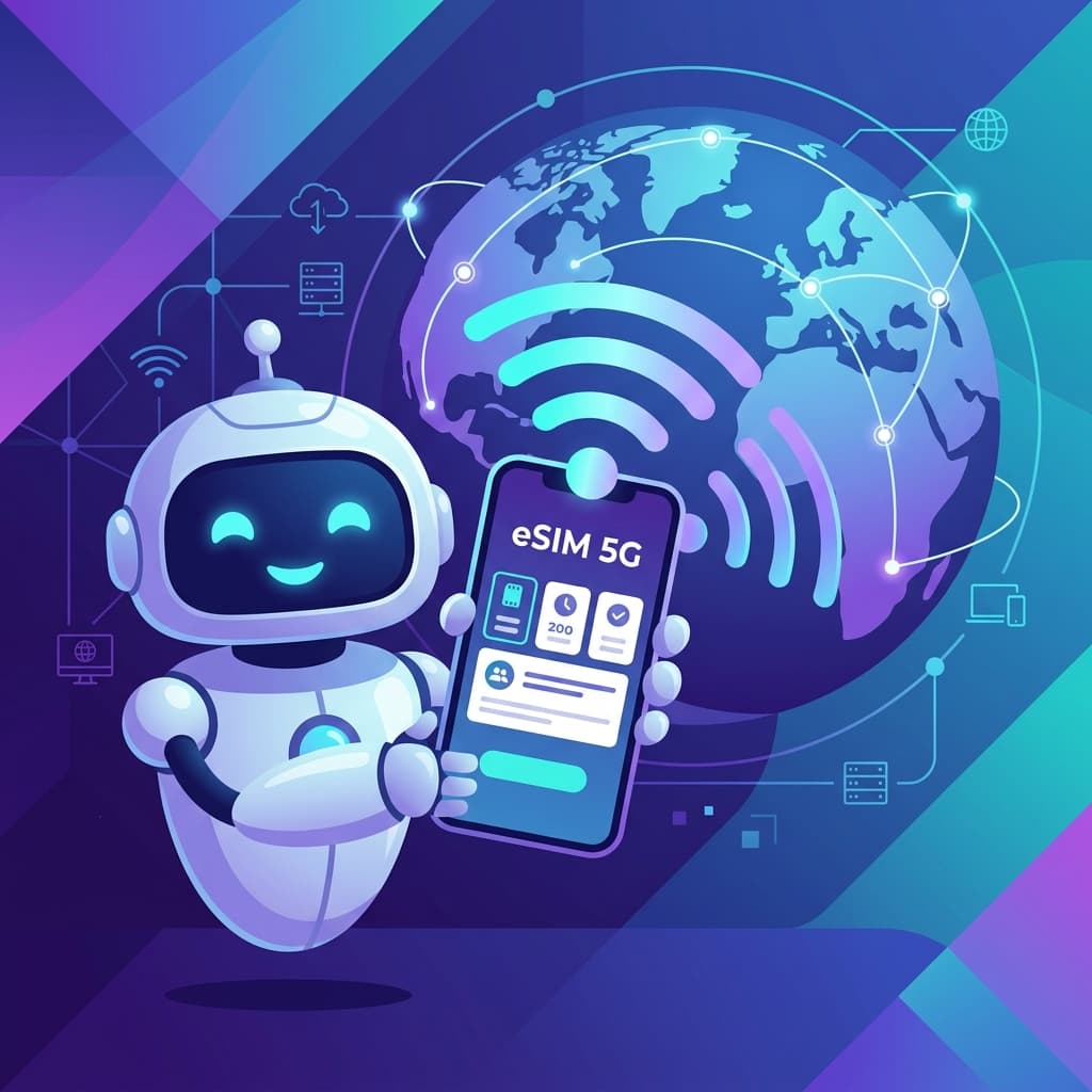 Robô segurando smartphone com planos eSIM 5G
